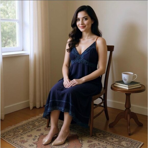 Dress – Miss Me – Navy Blue – Lace Trim Rayon Adjustable Strap Asymmetrical Hem - Picture 5 of 12